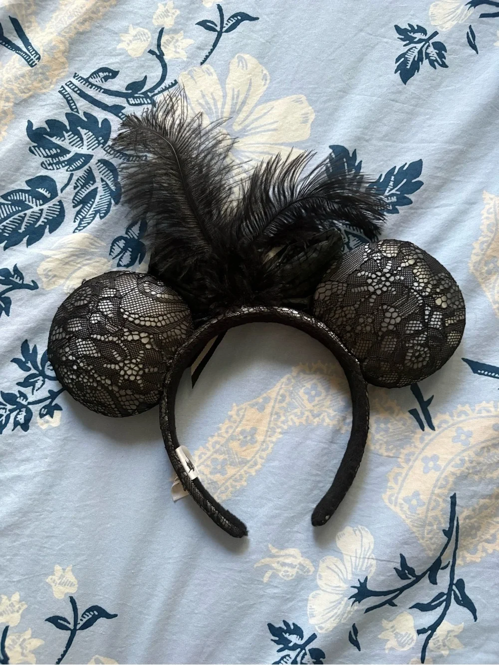 Black Lace Halloween Jack Skeleton Minnie Ears with Striped Bow & Feathers - Picture 2 of 5